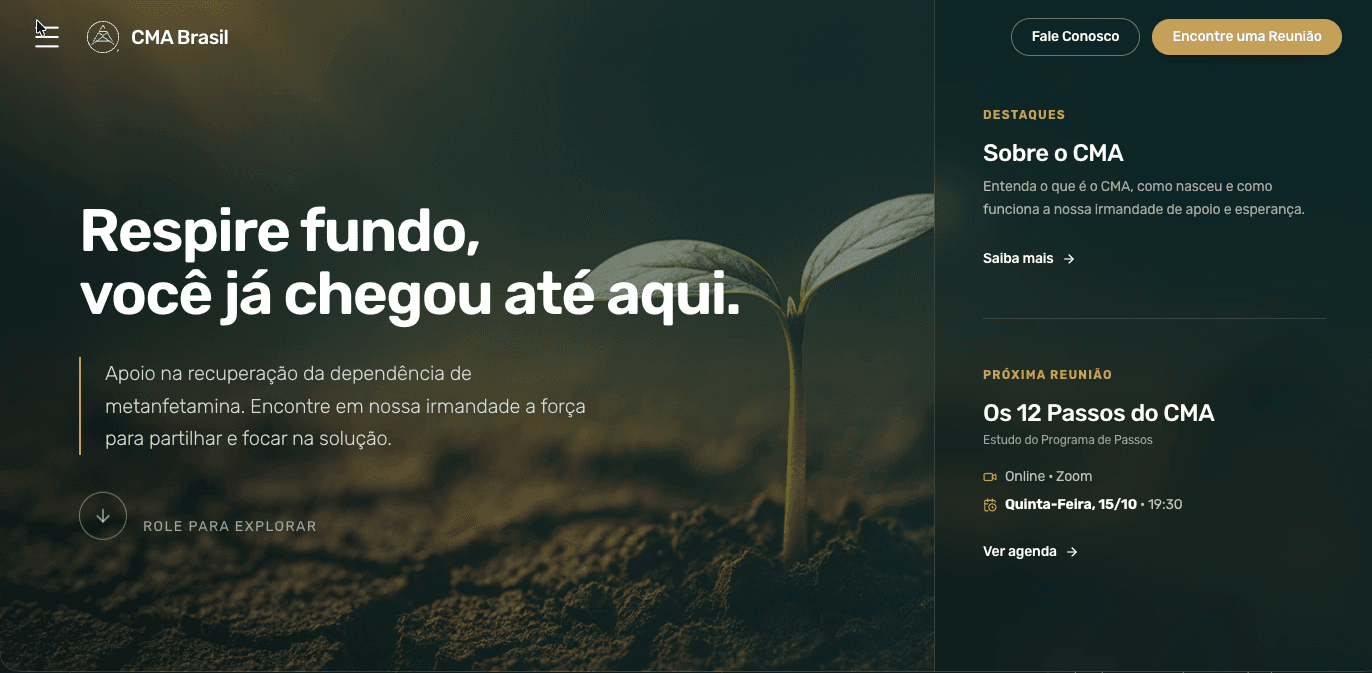 CMA Brasil homepage featuring a welcoming message and access to meetings.